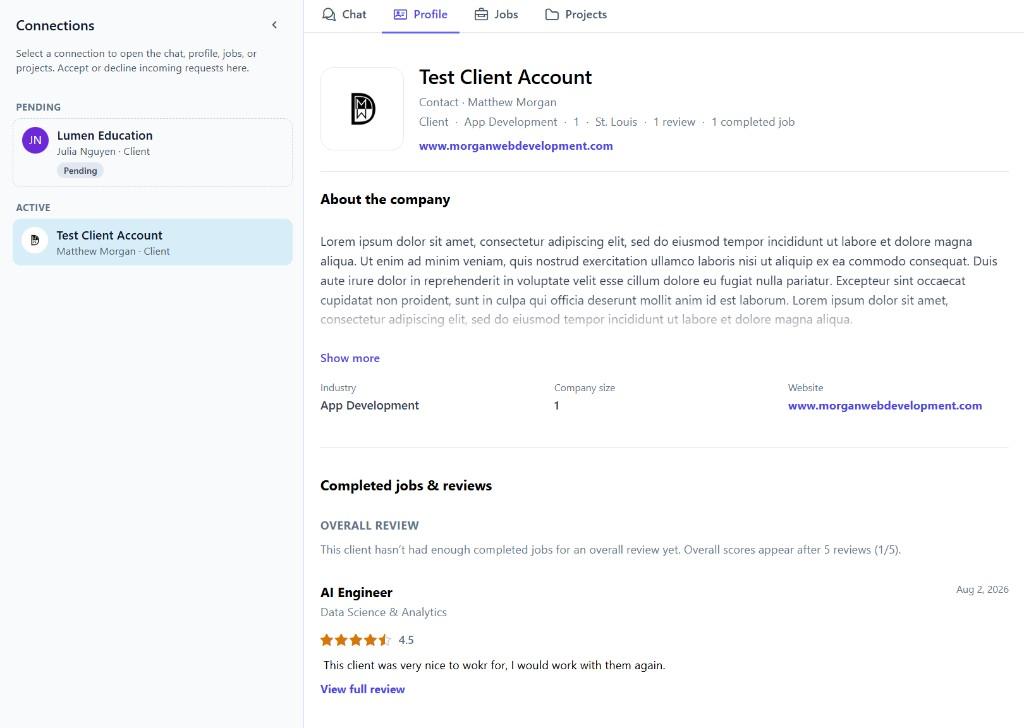 Lancer connection profile with chat, jobs, projects, and reviews