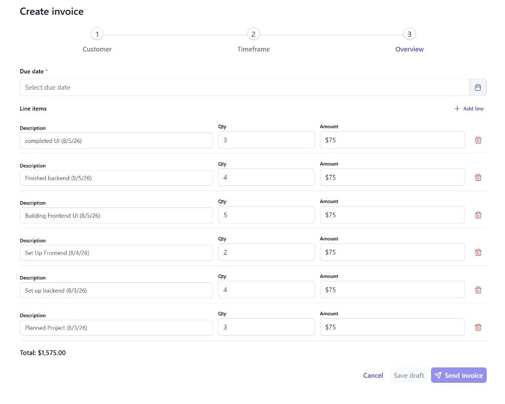 Create invoice in Lancer with line items from logged work