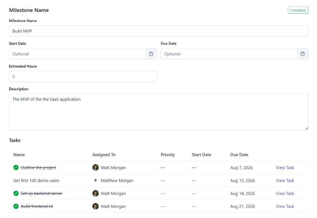 Lancer milestone with tasks, assignees, due dates, and completion status