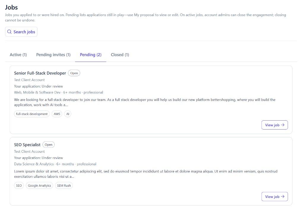 Lancer jobs dashboard with active, pending, and closed applications