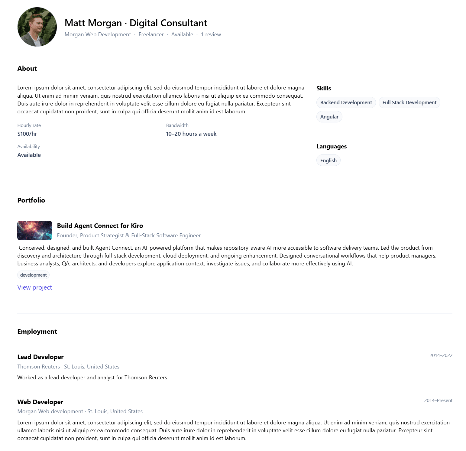 Lancer profile with about, skills, portfolio, and employment