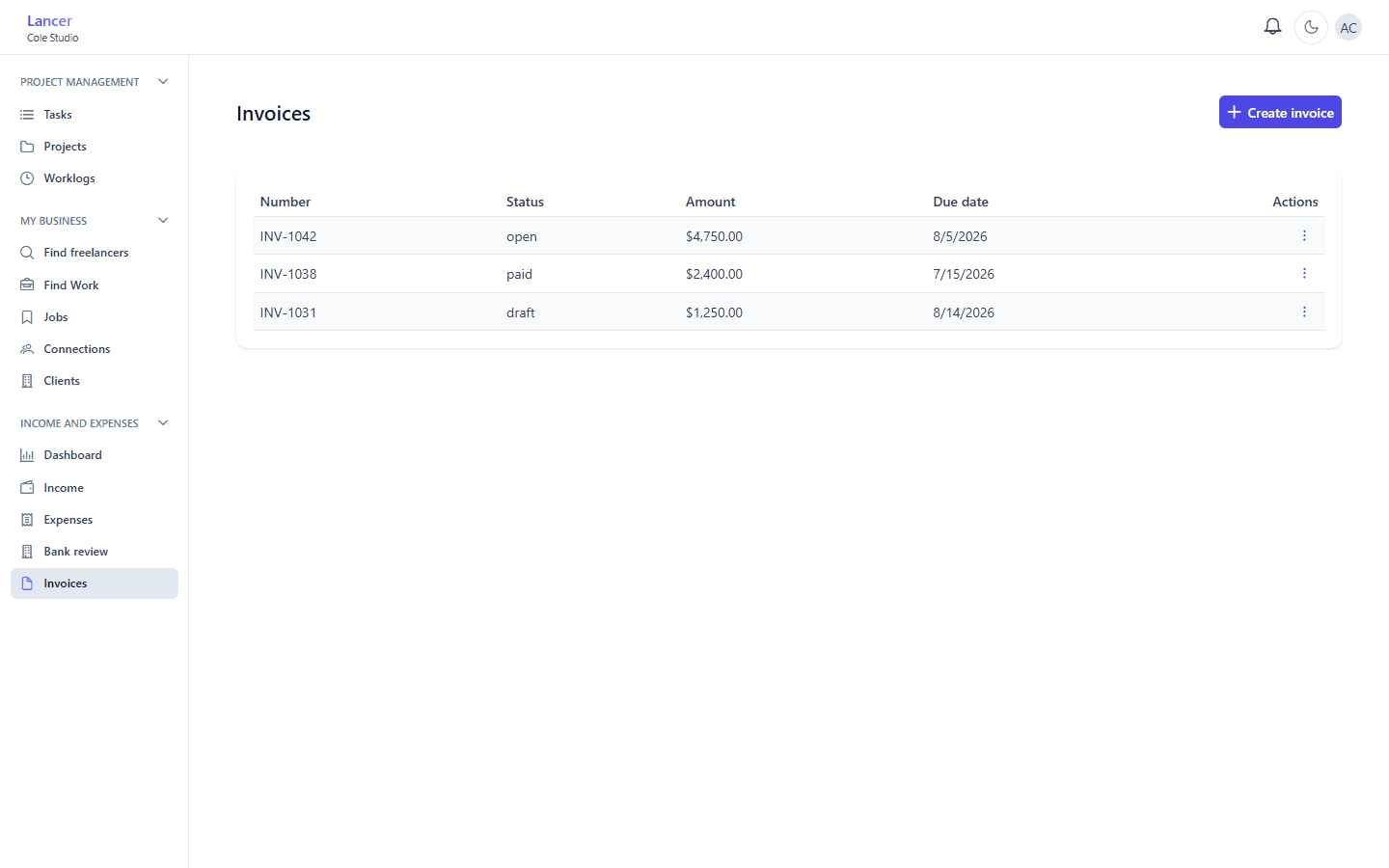 Invoices list showing open, paid, and draft invoices