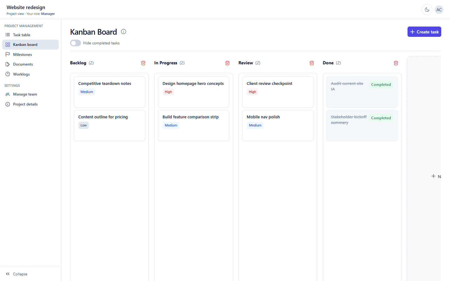 Kanban board for Website redesign with backlog through done columns