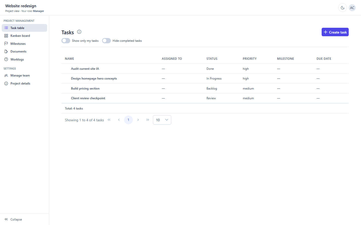 Project tasks view in Lancer