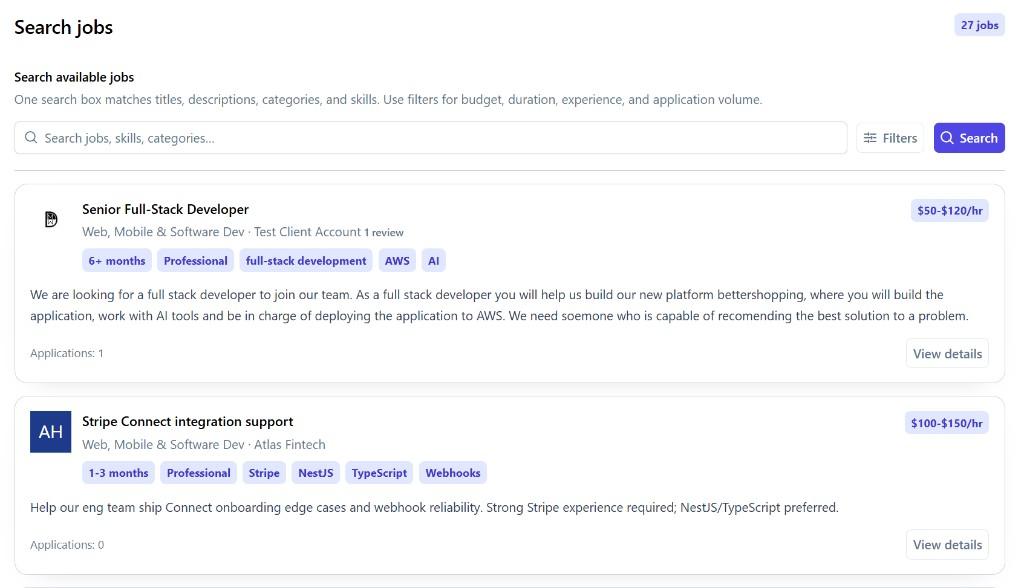 Lancer job search with rates, skills, and application counts