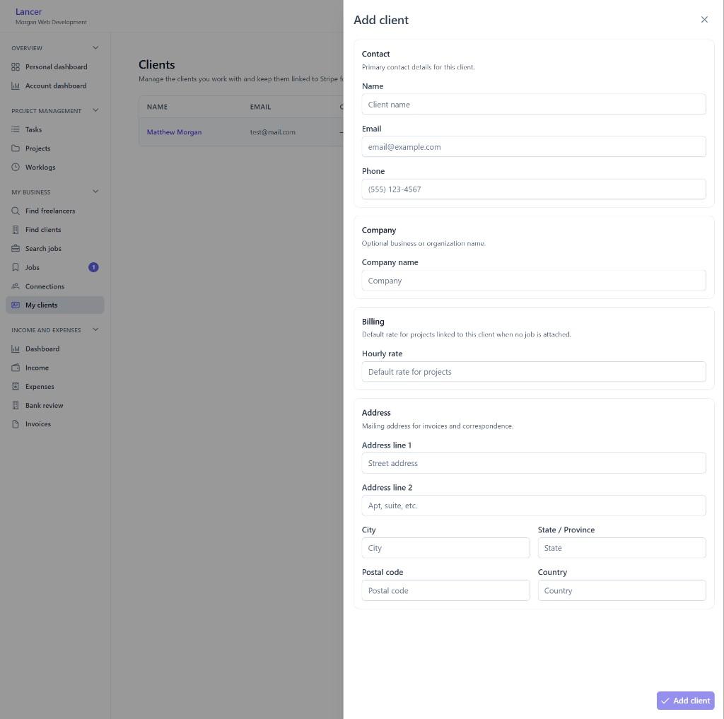 Add a client in Lancer with contact, billing, and address details