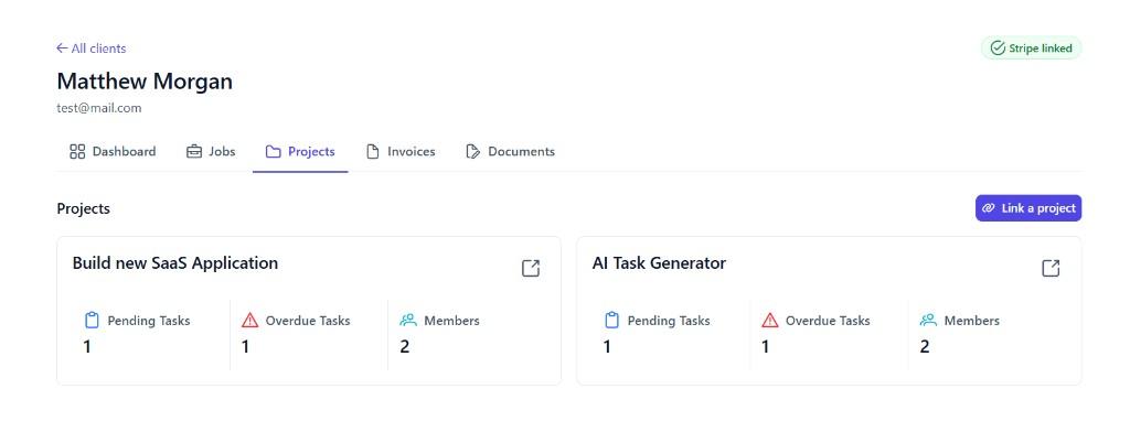 Client projects in Lancer with pending tasks, overdue work, and members