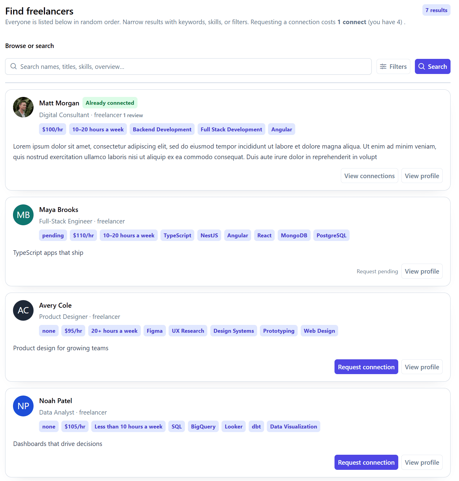 Lancer find freelancers search with talent profiles and filters