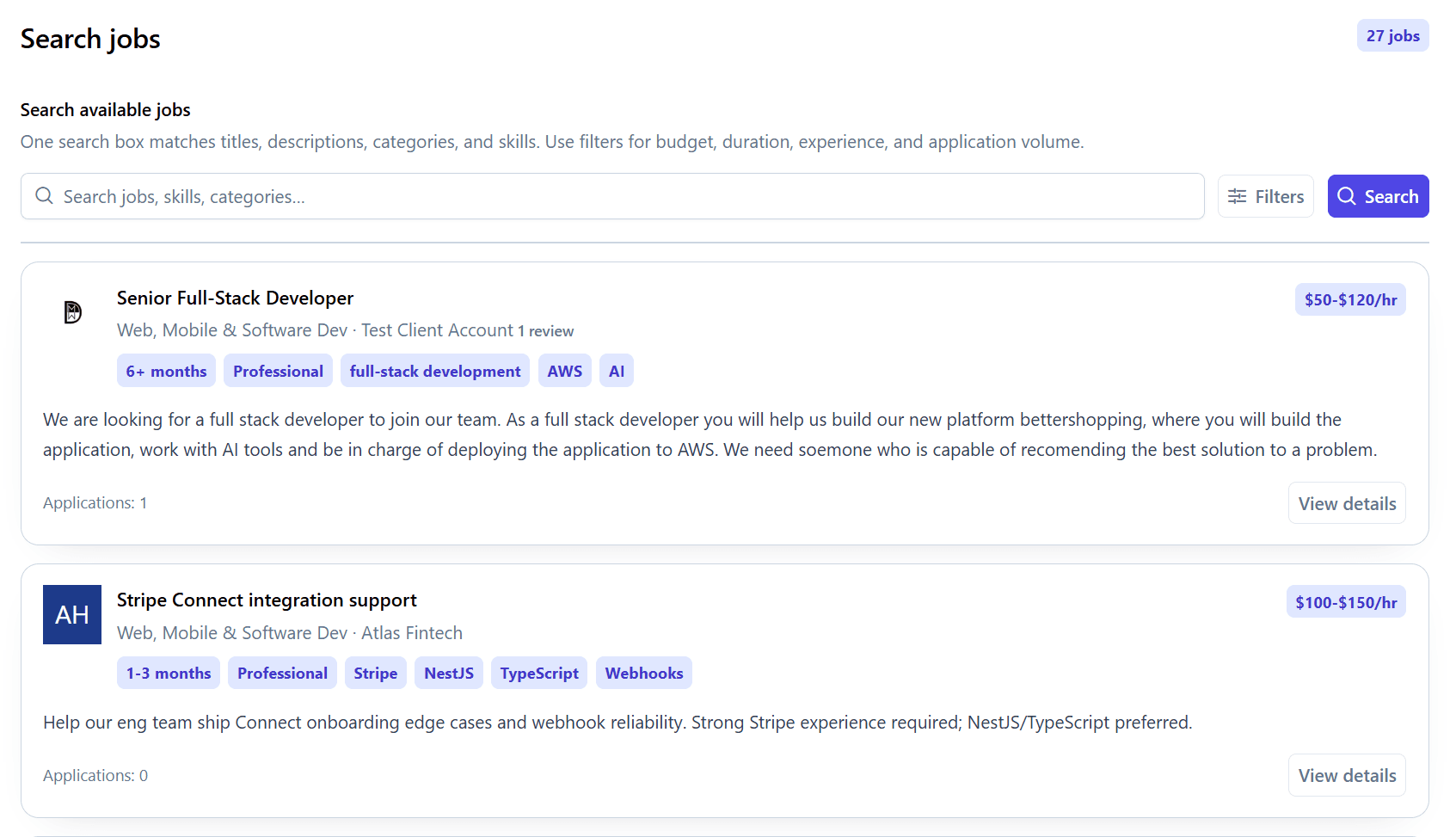 Lancer job search showing open roles and filters
