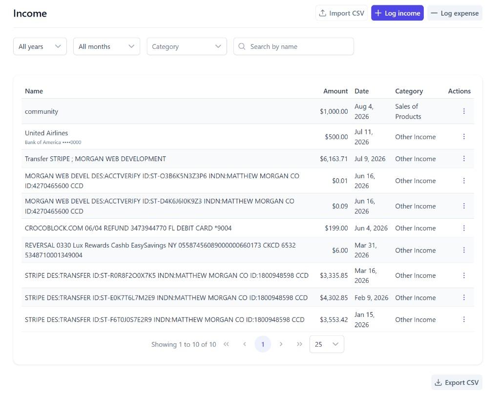 Lancer income ledger with amounts, dates, categories, and CSV import