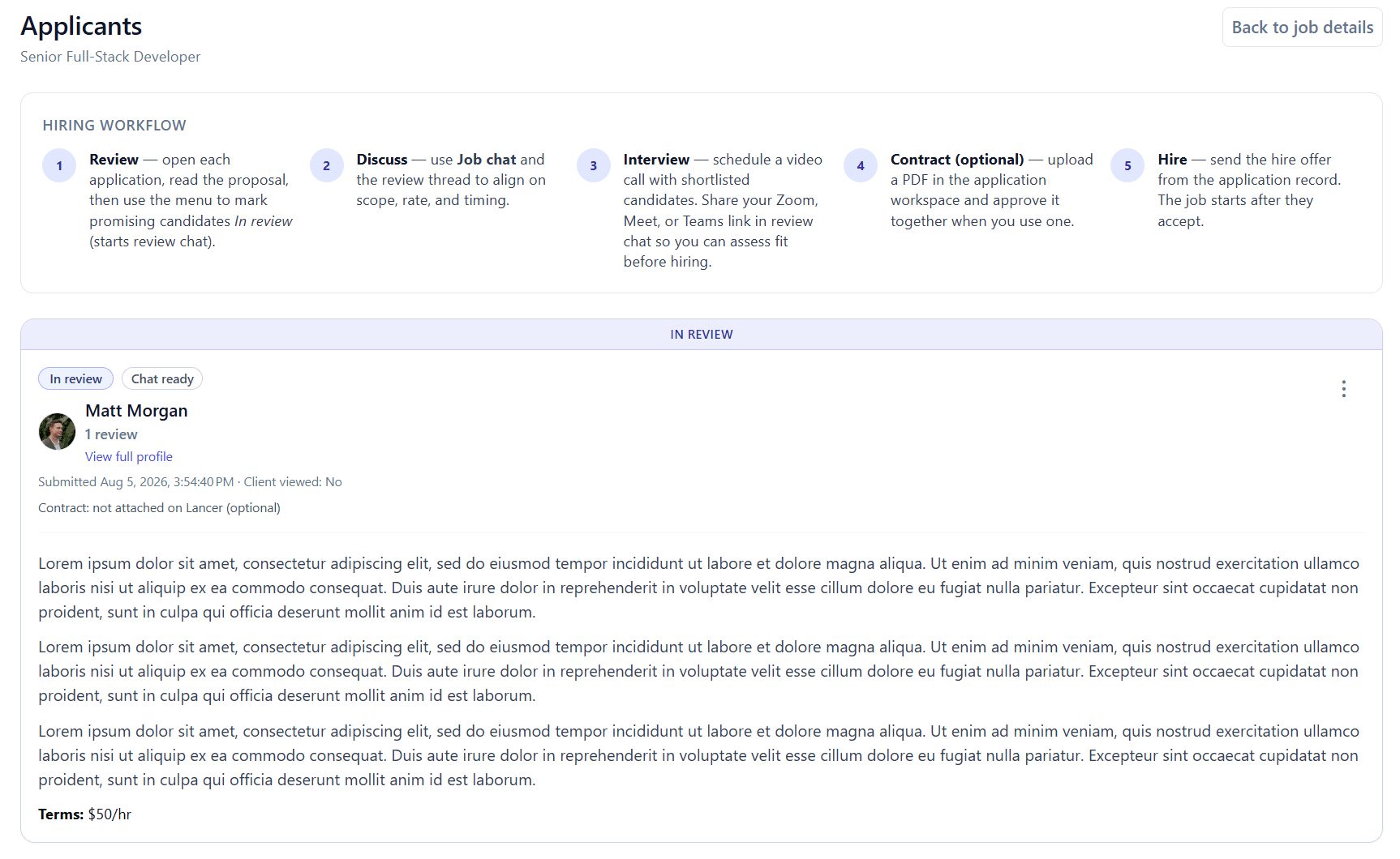 Lancer hiring workflow encouraging discuss and video interview before hire