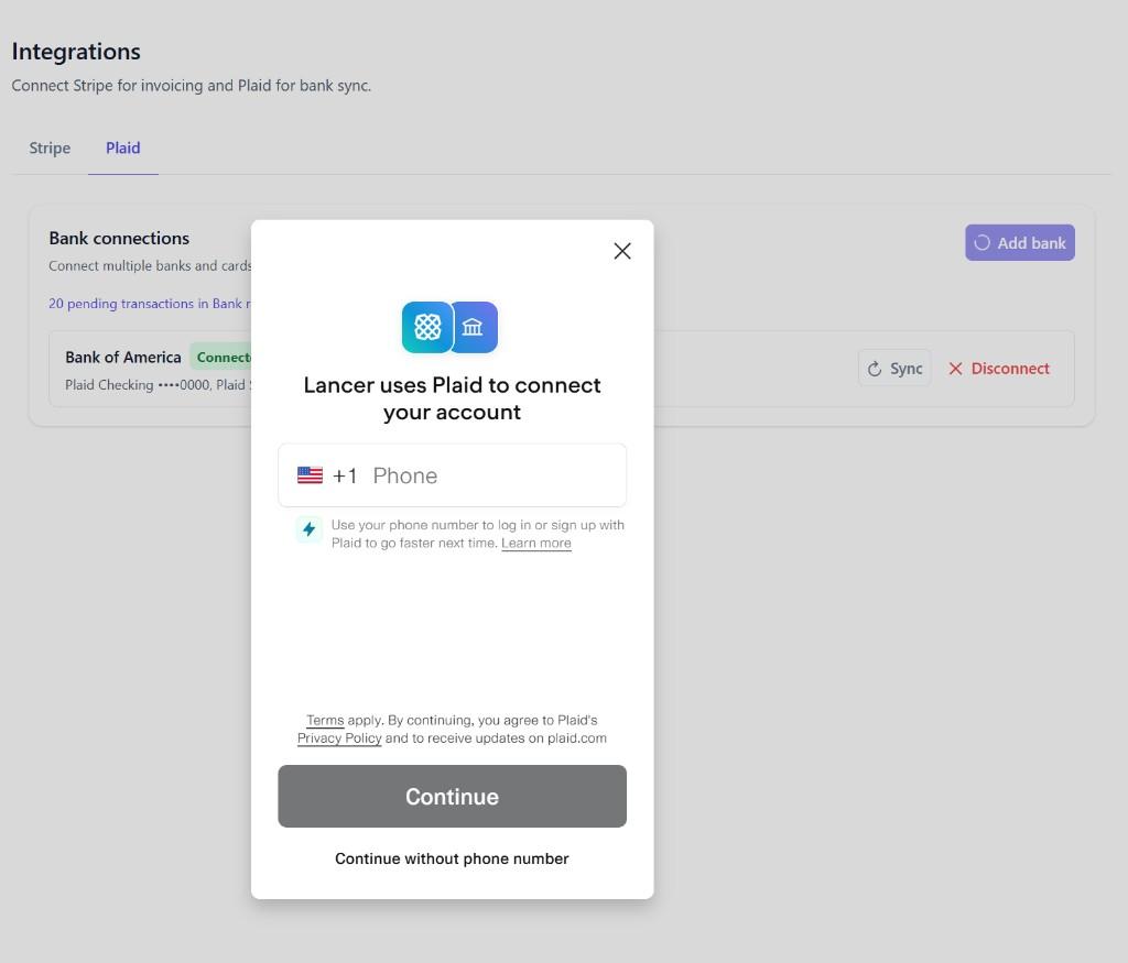 Lancer Plaid integration connecting a Bank of America account